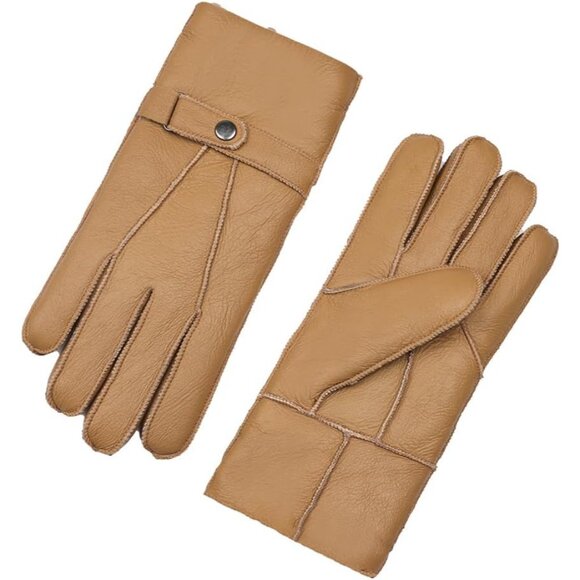 Men's Camel Winter Cold Air Shearling Sheepskin Leather Gloves With Fur Lined - Picture 6 of 7
